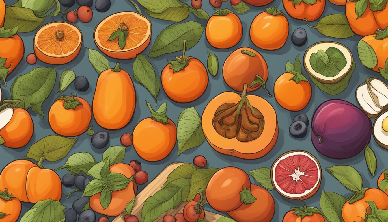 A colorful spread of ripe persimmons arranged on a wooden cutting board, surrounded by a variety of diabetes-friendly fruits and vegetables