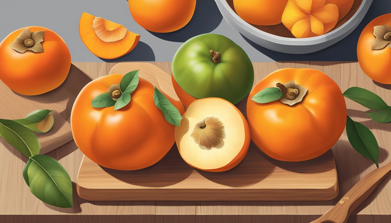 A persimmon sits on a wooden cutting board surrounded by a variety of other fruits such as apples, oranges, and bananas. The persimmon is the focal point, with its vibrant orange color and unique shape standing out among the other fruits