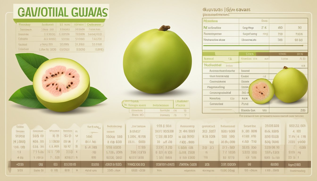 A table displaying the nutritional profile of guavas, with columns for glycemic index and other nutritional information