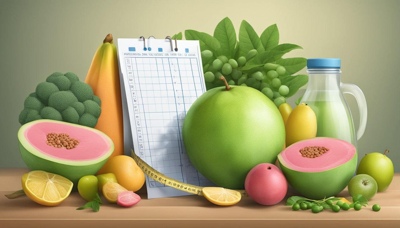 A ripe guava surrounded by a variety of fruits and vegetables, with a measuring tape and a glycemic index chart in the background