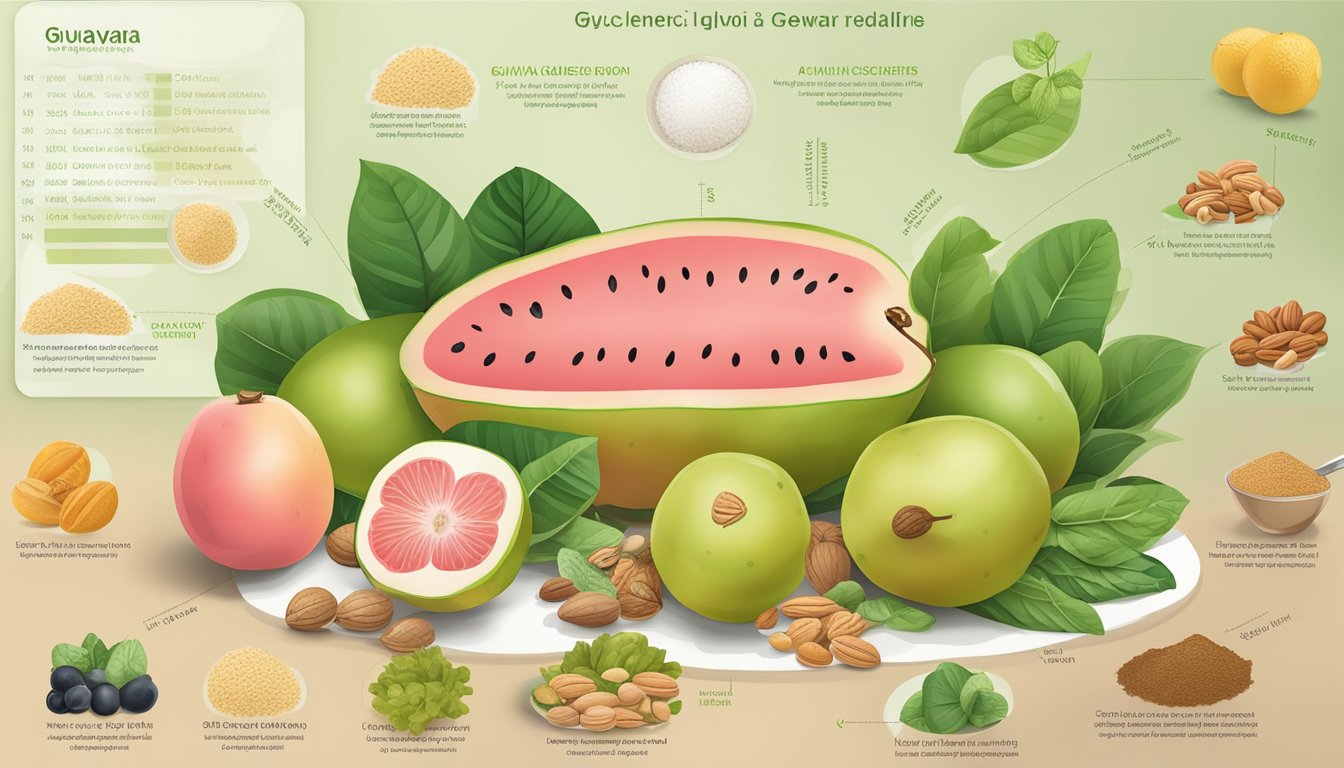 A guava fruit surrounded by a variety of low glycemic index foods, such as leafy greens, nuts, and whole grains, with a glycemic index chart in the background