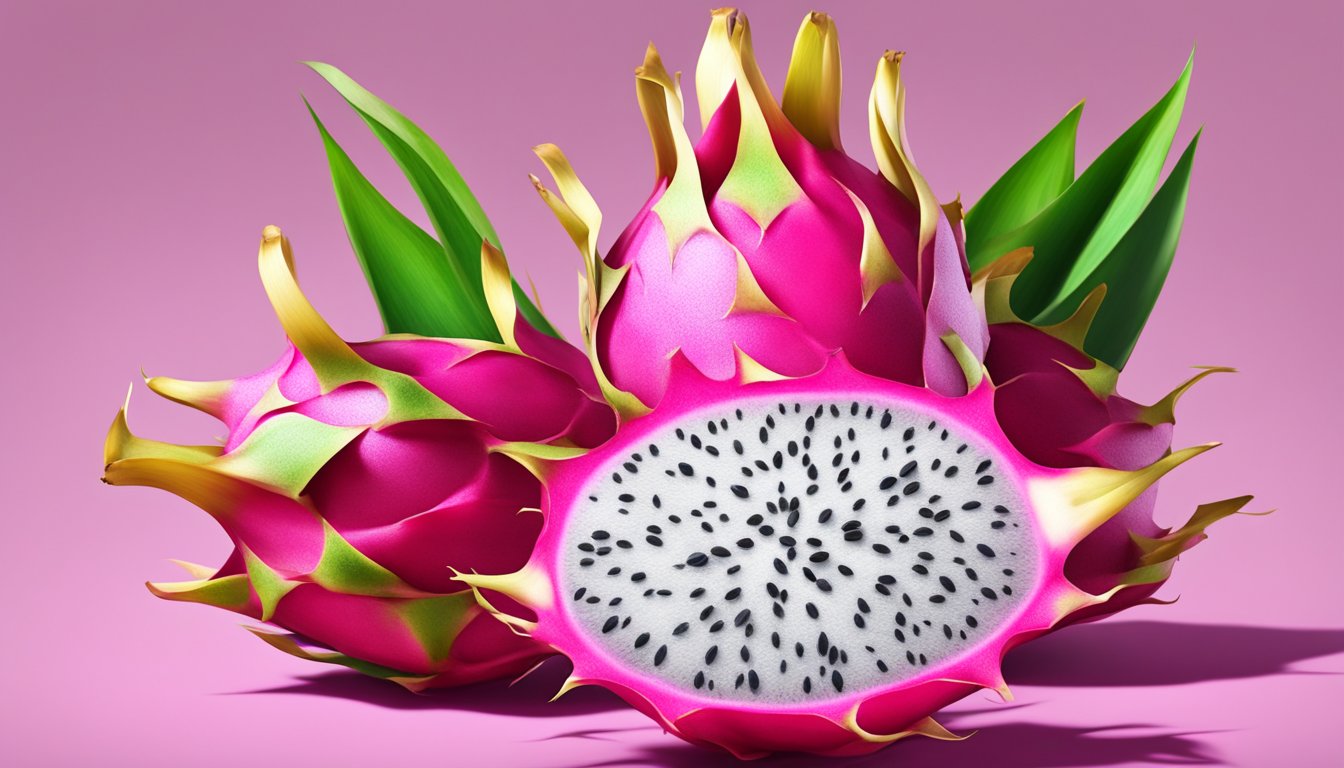 A dragon fruit with a low glycemic index, surrounded by vibrant pink and green skin, with white or red flesh speckled with black seeds