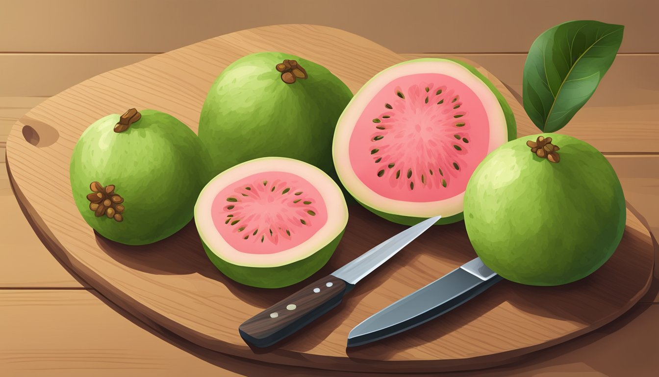 A ripe guava placed on a wooden cutting board next to a knife and a small plate