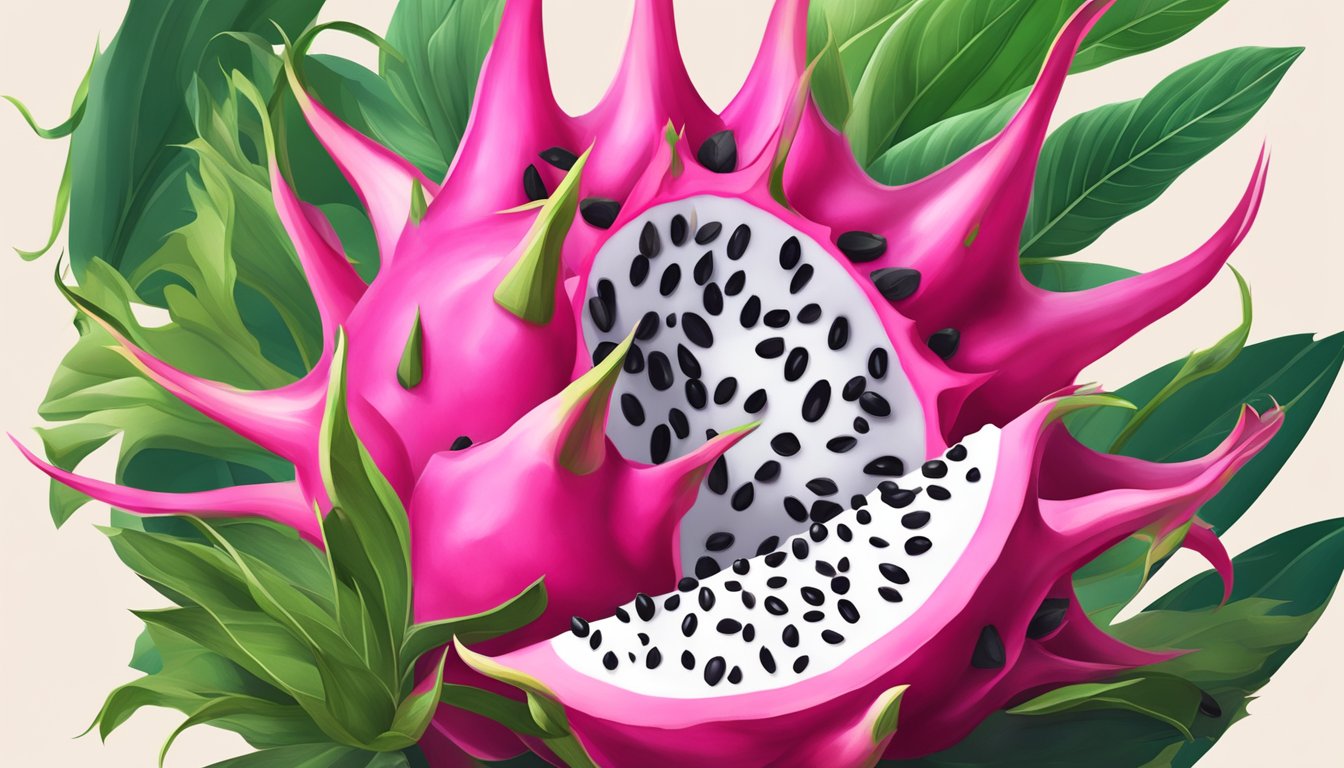 A ripe dragon fruit split open, revealing its vibrant pink flesh and tiny black seeds, surrounded by a halo of green leaves and tendrils