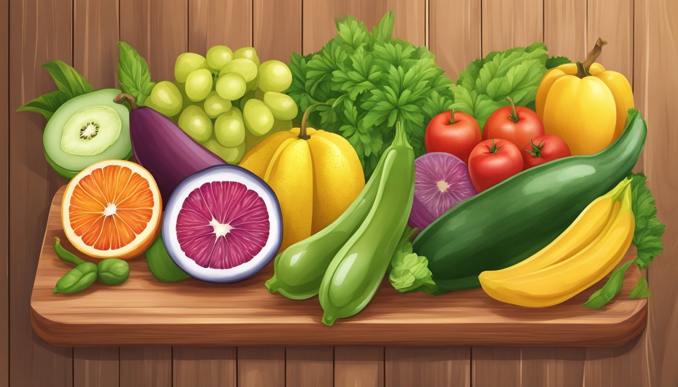 A colorful starfruit surrounded by a variety of fresh fruits and vegetables on a wooden cutting board