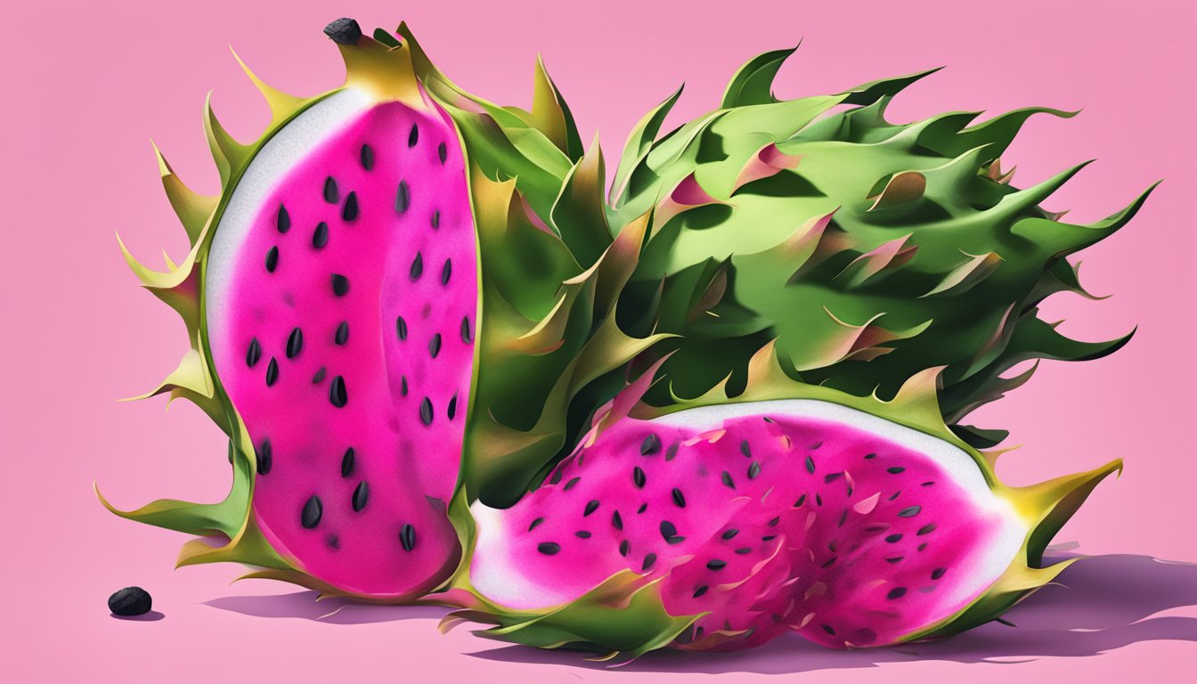 A dragon fruit being sliced open, revealing its vibrant pink flesh and black seeds