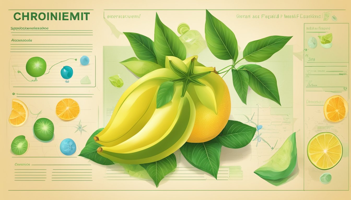 A starfruit surrounded by various fruits and a medical chart showing improvement in chronic diseases