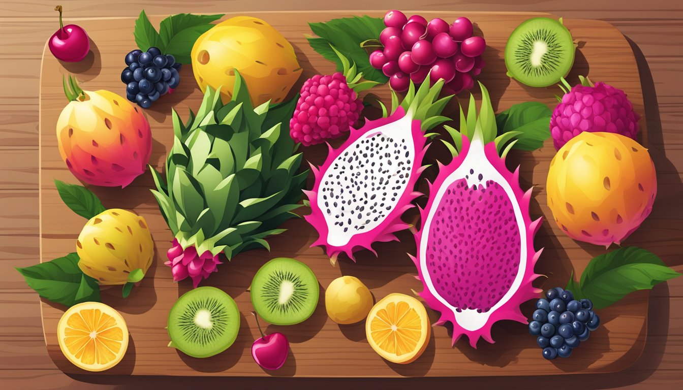 A dragonfruit surrounded by a variety of low-glycemic index fruits, such as berries and cherries, on a wooden cutting board