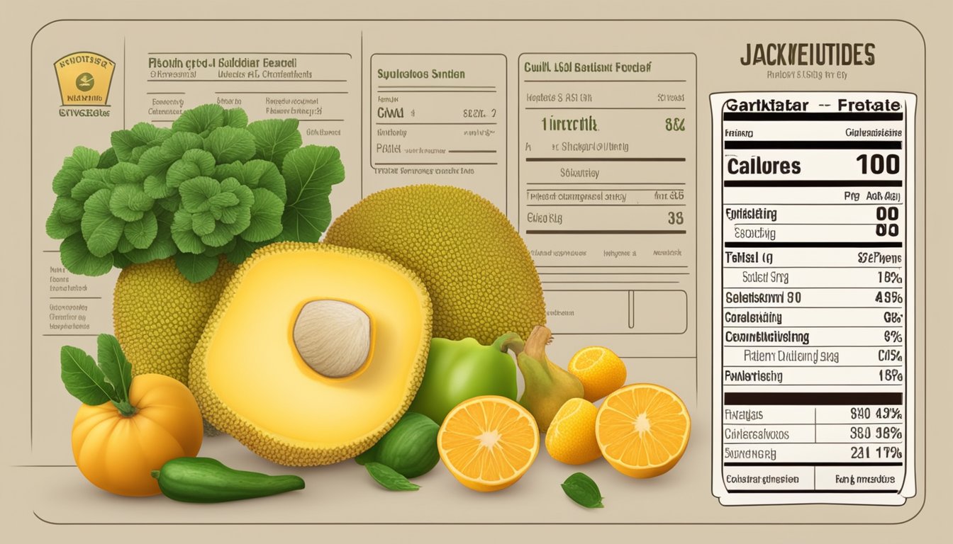 A ripe jackfruit surrounded by various fruits and vegetables, with a nutrition label and a glycemic index chart displayed nearby