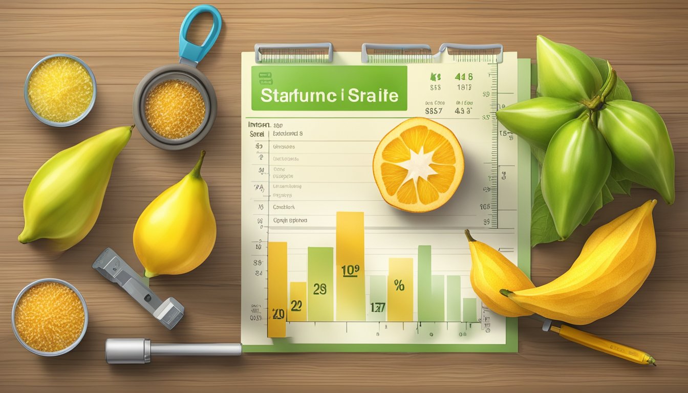 A colorful starfruit surrounded by measuring tools and a glycemic index chart