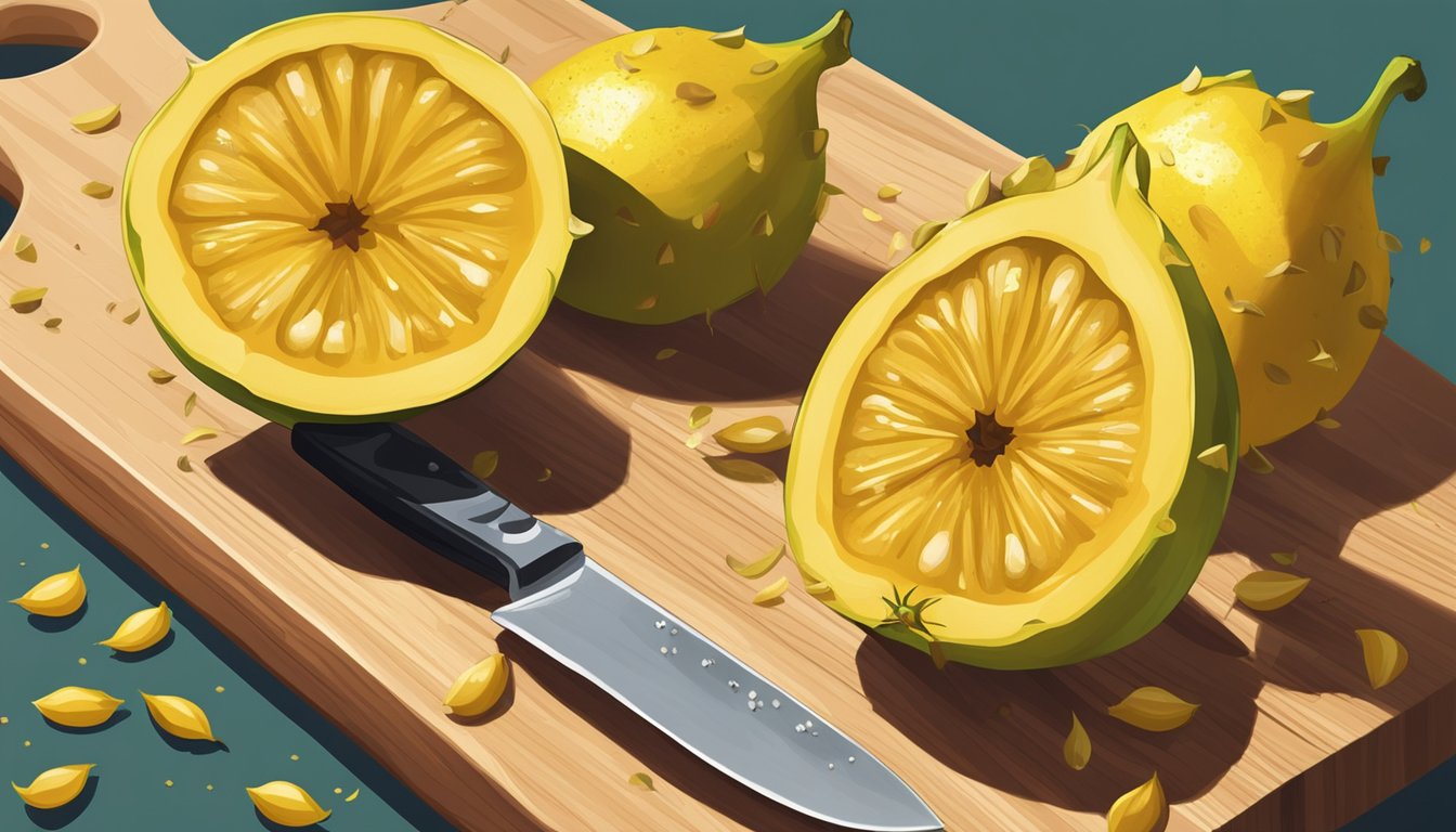 A ripe starfruit sits atop a wooden cutting board surrounded by scattered seeds and a knife. The fruit's vibrant yellow skin glistens under the light