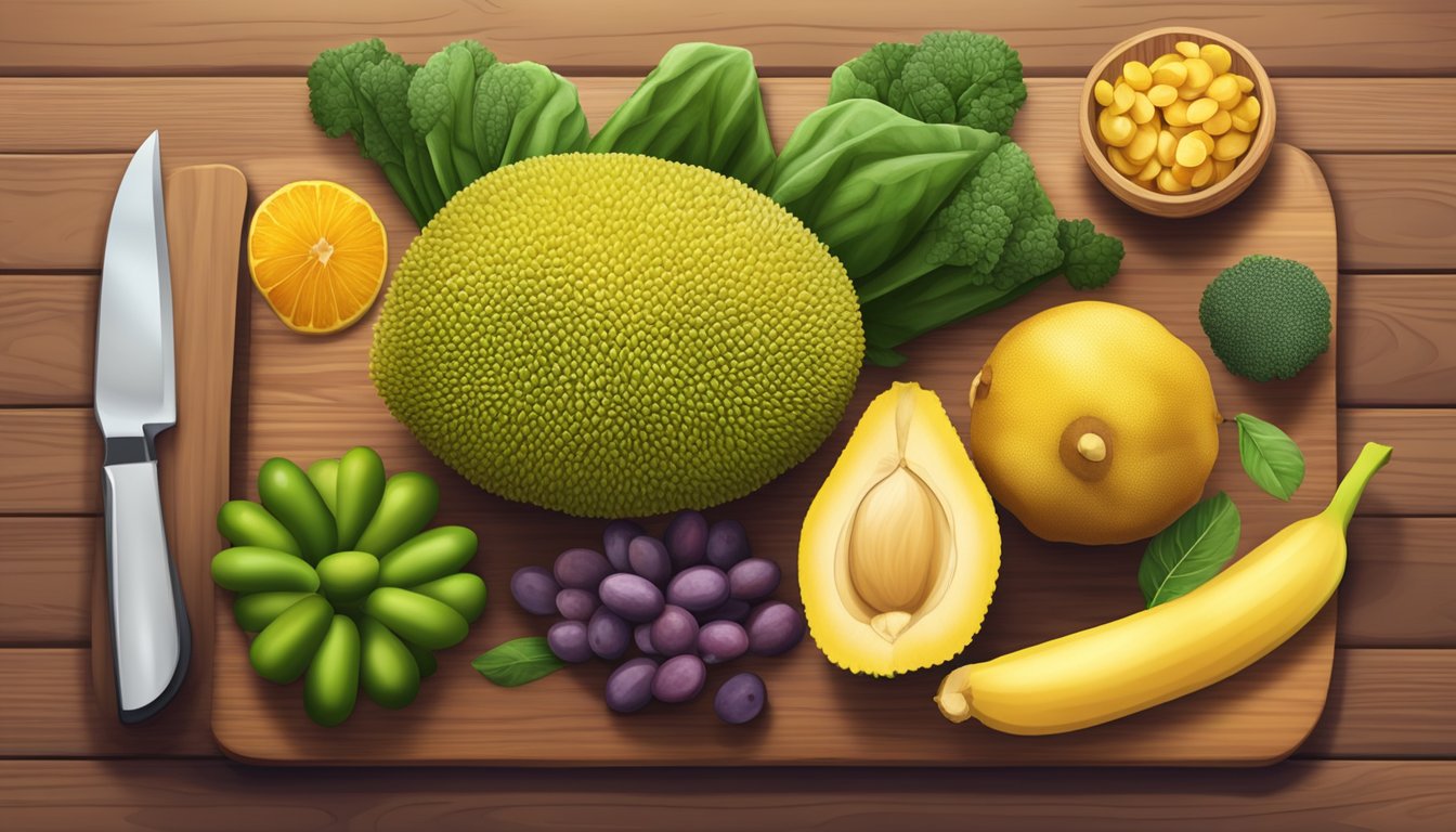 A ripe jackfruit with a low glycemic index surrounded by a variety of fruits and vegetables on a wooden cutting board