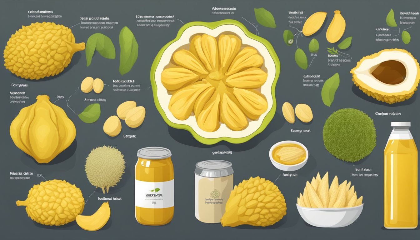 A ripe jackfruit surrounded by various alternative forms such as canned, dried, and in syrup, with a glycemic index chart in the background