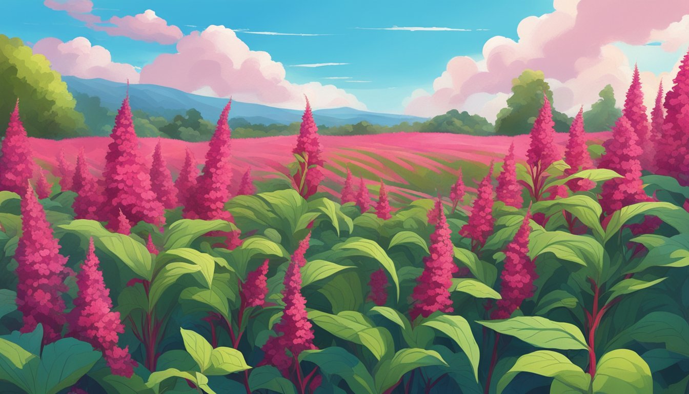 A lush field of amaranth plants swaying in the breeze, with vibrant red and green leaves, under a bright blue sky