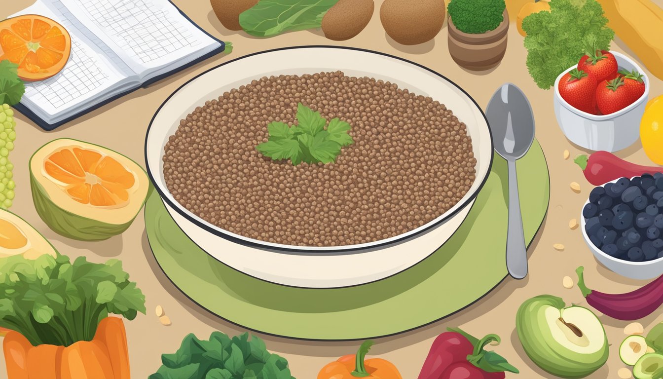 A bowl of cooked buckwheat surrounded by a variety of fruits and vegetables, with a glycemic index chart in the background