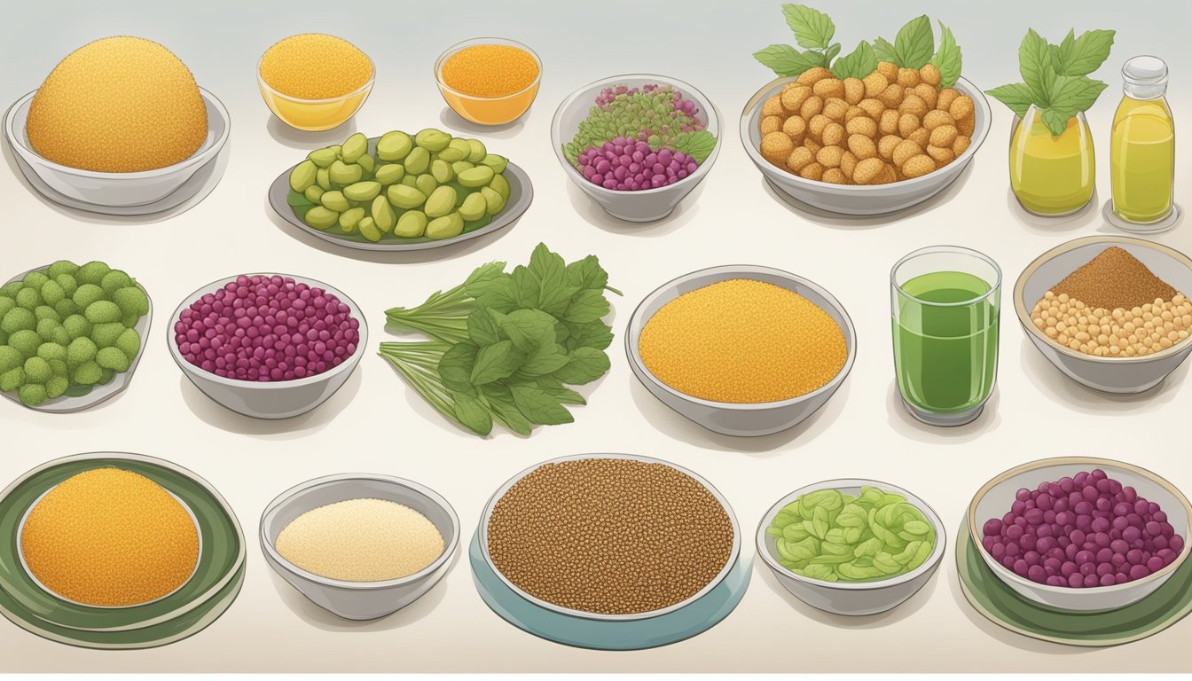 A plate with a variety of foods, including amaranth, arranged in a comparative chart to illustrate their respective glycemic indices