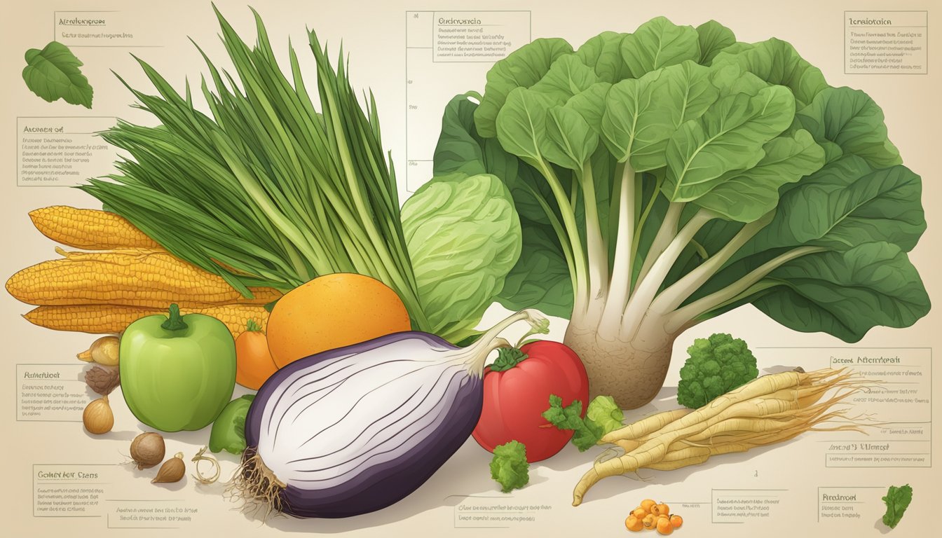 A taro root surrounded by various fruits and vegetables, with a nutritional chart in the background