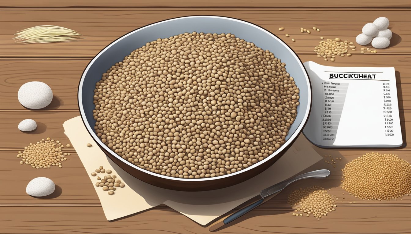 A bowl of buckwheat surrounded by various grains and pseudocereals on a wooden table, with a glycemic index chart in the background