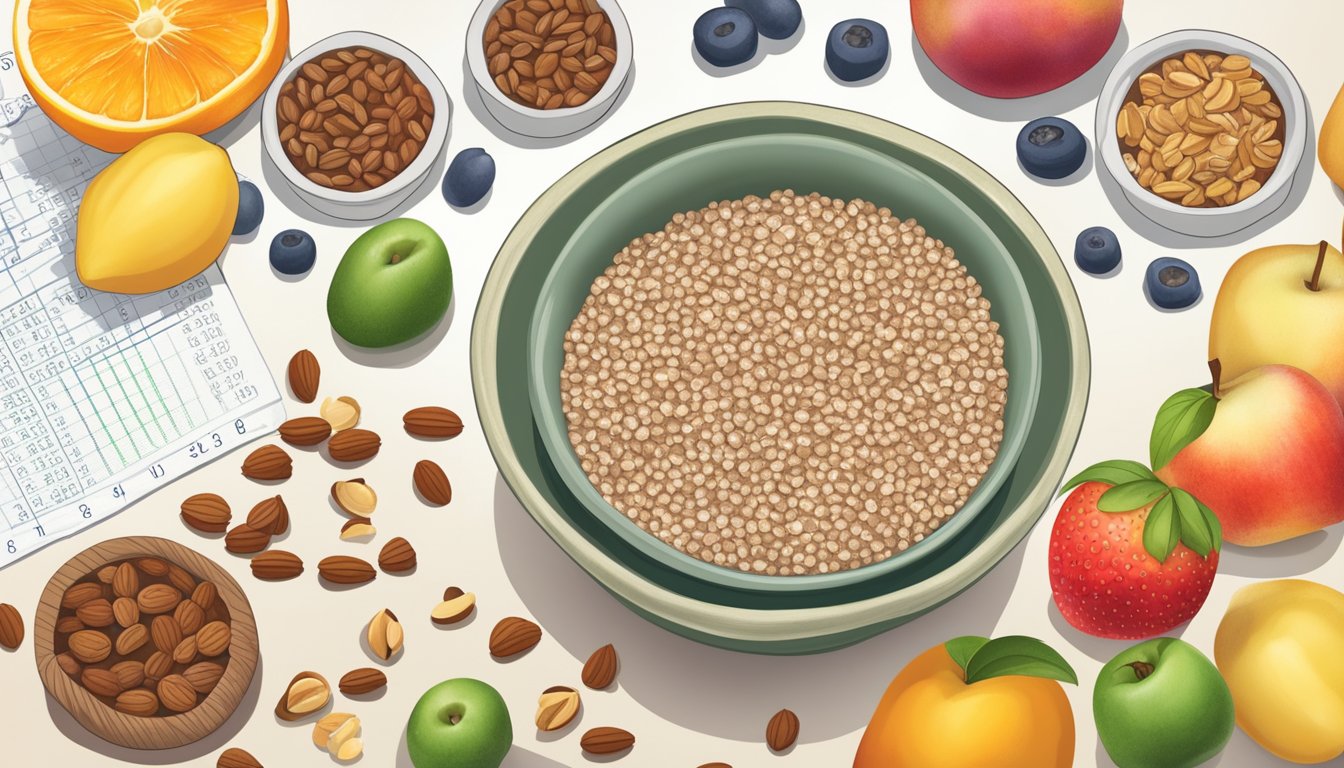 A bowl of buckwheat groats surrounded by various fruits and nuts, with a measuring tape and a glycemic index chart in the background