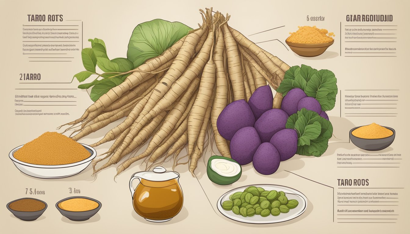 A pile of taro roots surrounded by various common foods with their respective glycemic index values displayed on a chart