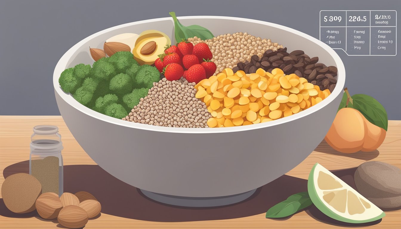 A bowl of buckwheat surrounded by nutrient-rich foods like fruits, vegetables, and nuts, with a glycemic index chart in the background