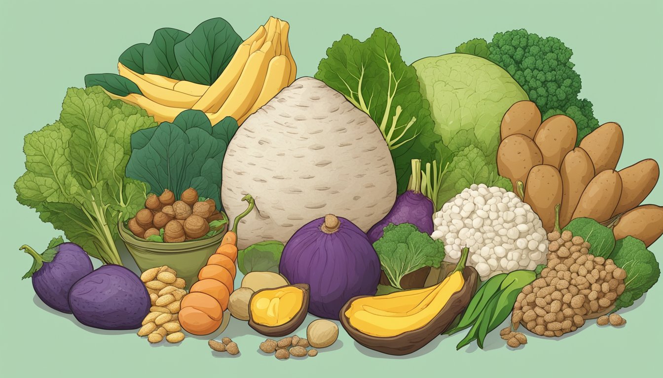 A taro root surrounded by a variety of foods with different glycemic indexes, such as fruits, vegetables, and grains, placed on a table for comparison