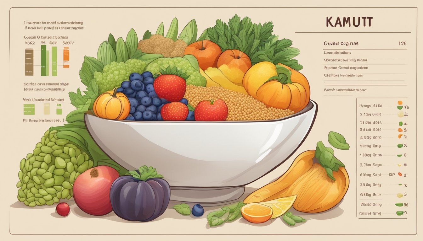 A bowl of Kamut grains surrounded by a variety of colorful fruits and vegetables, with a nutritional chart in the background