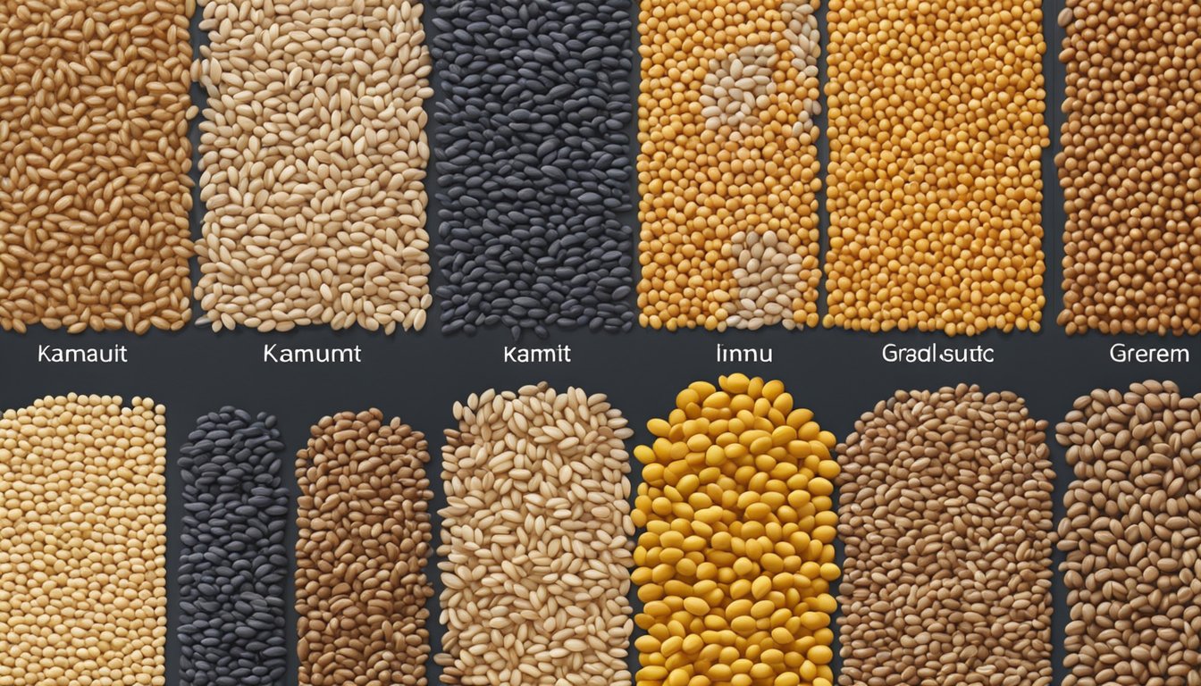 A table with various grains arranged in rows, with Kamut highlighted for comparison