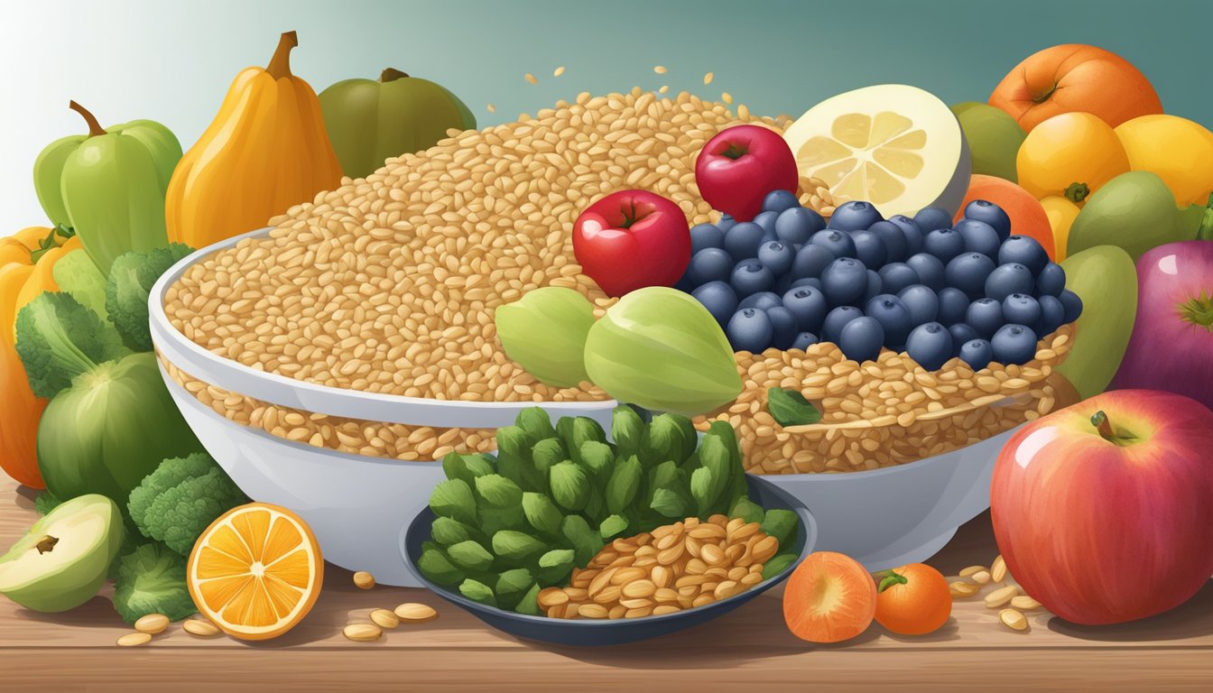 A bowl of kamut grains surrounded by a variety of colorful fruits and vegetables, with a blood sugar monitor in the background