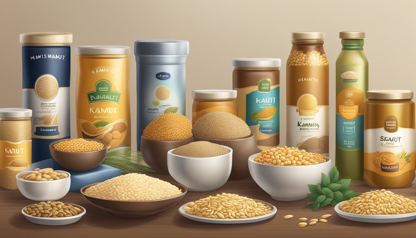 A variety of kamut-based food products arranged on a table, with a focus on the different packaging and labels