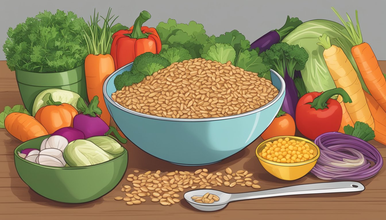 A bowl of cooked farro surrounded by fresh vegetables and a measuring tape, highlighting its low glycemic index and health benefits