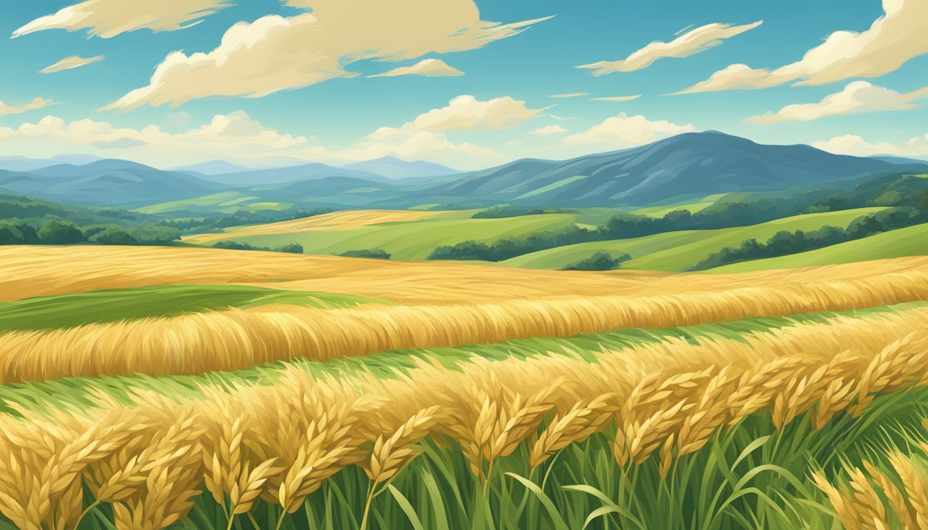 A field of golden Kamut wheat swaying in the breeze under a clear blue sky, surrounded by rolling green hills and a distant mountain range