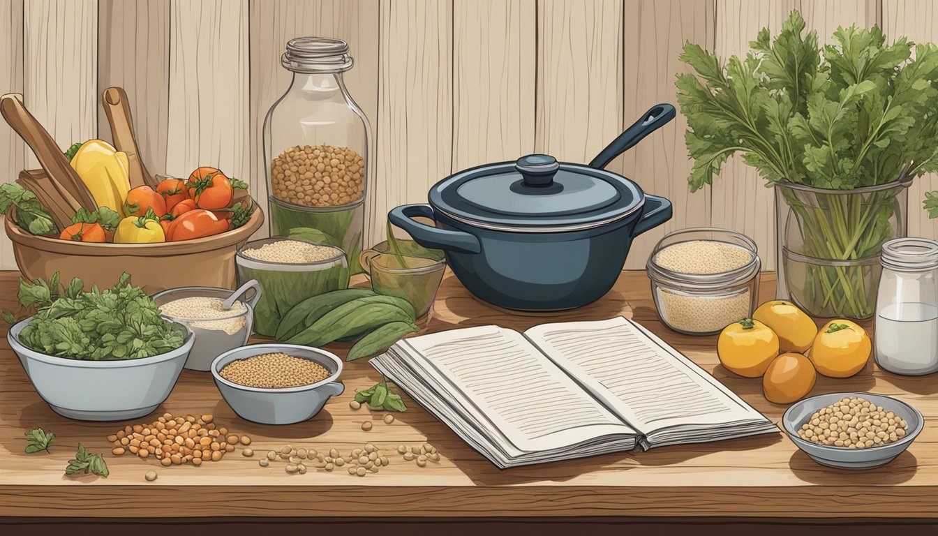 A rustic kitchen counter with assorted ingredients and a cookbook open to a farro recipe