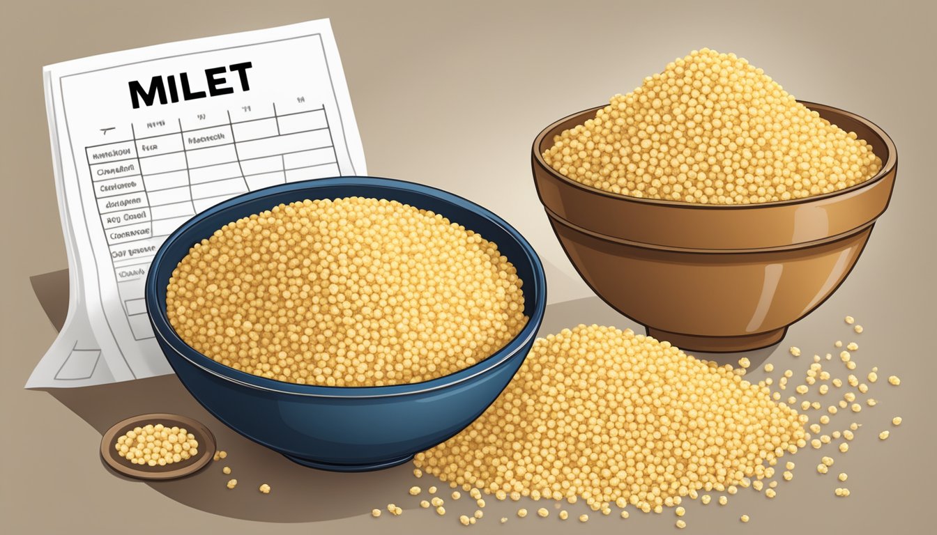 A bowl of cooked millet surrounded by various millet grains and a glycemic index chart in the background