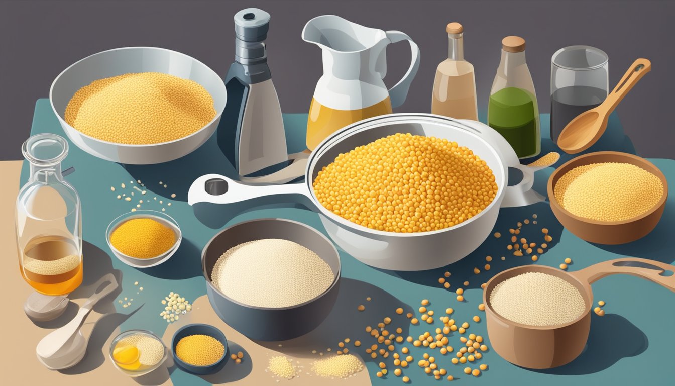 A person is measuring millet grains in a measuring cup, while a pot of boiling water is on the stove. The kitchen counter is cluttered with various cooking utensils and ingredients