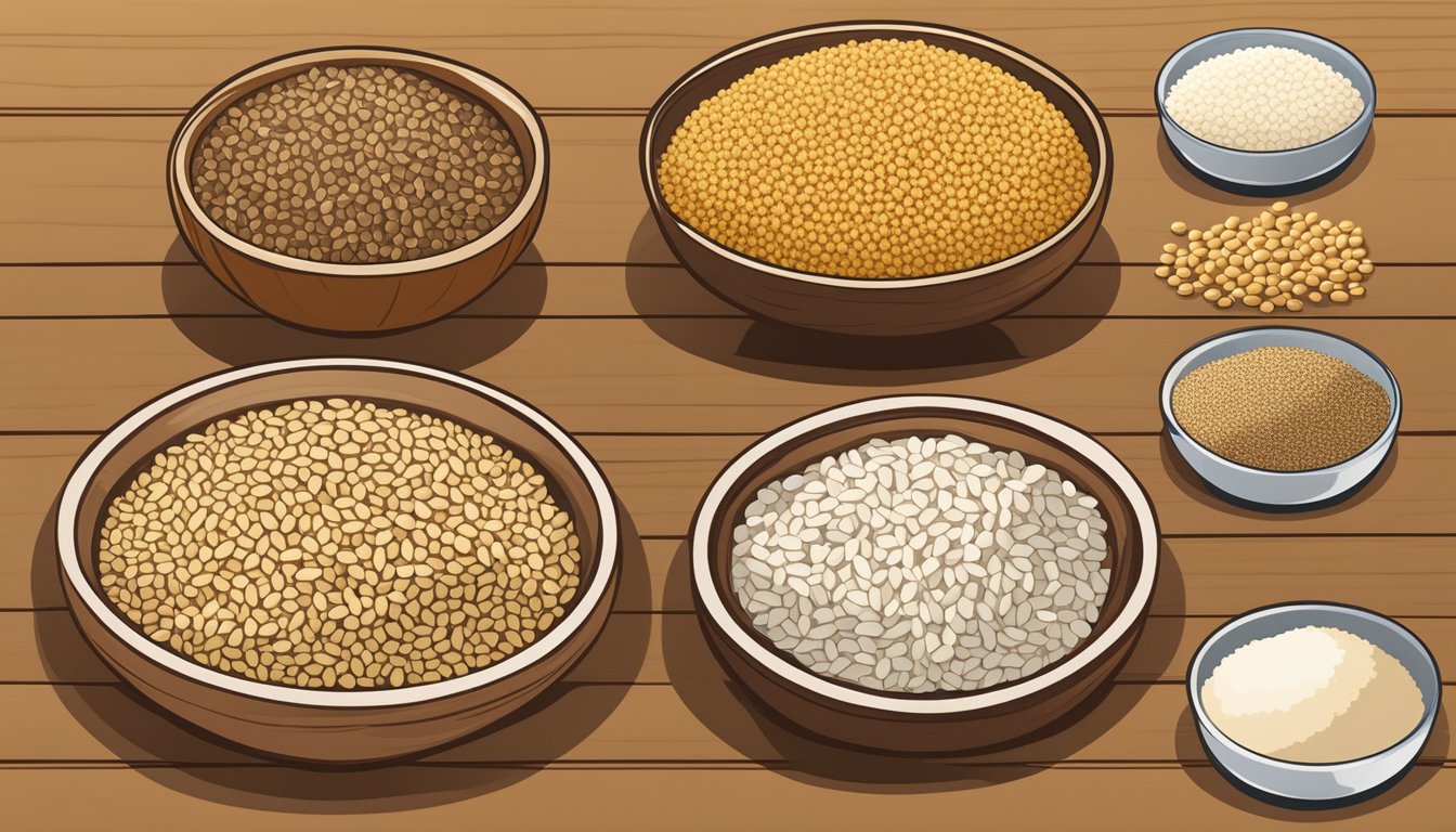 A variety of grains (millet, rice, quinoa) arranged on a wooden table for comparison. A glycemic index chart displayed nearby for reference