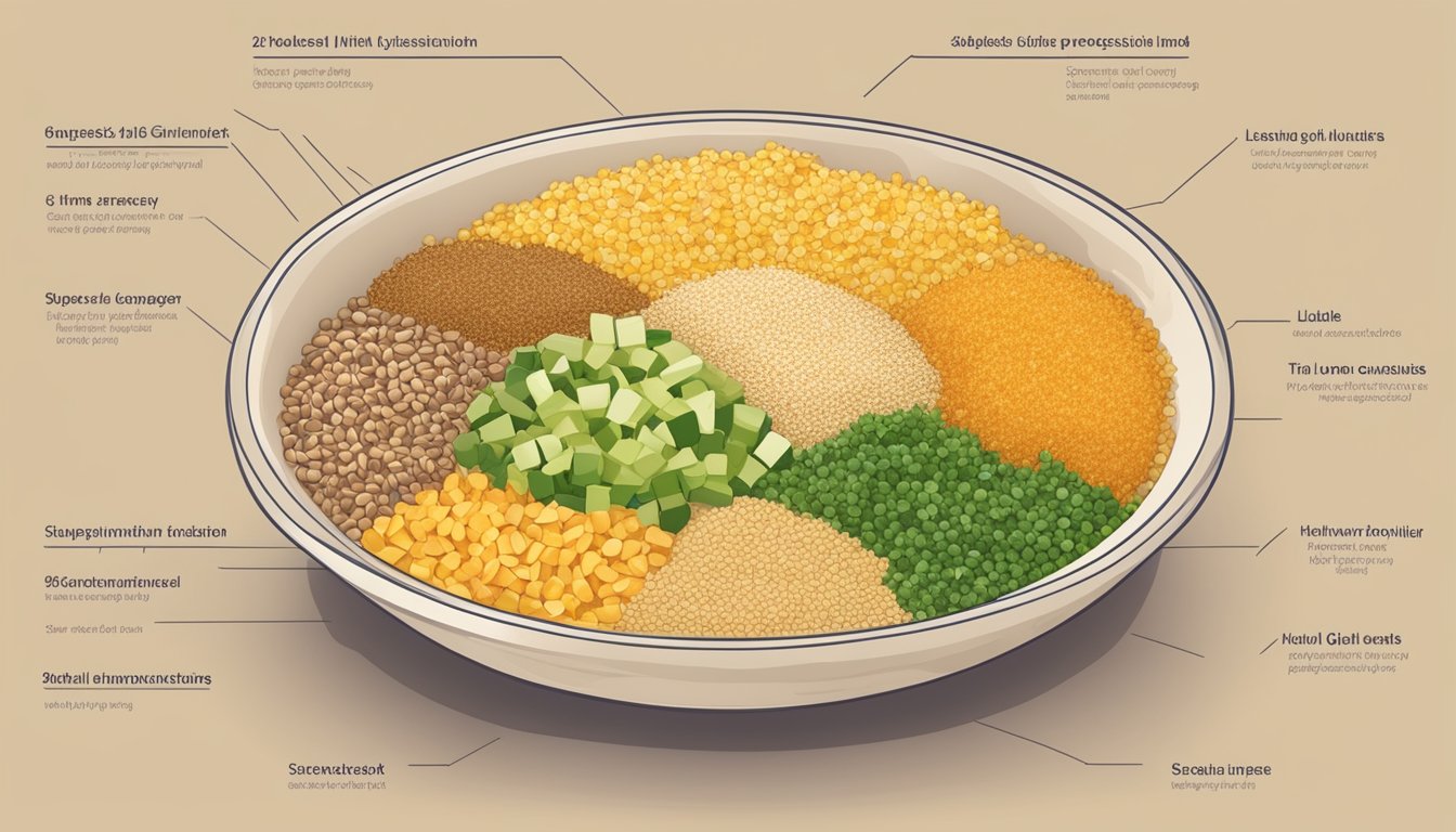 A bowl of bulgur surrounded by various foods with low and high glycemic index values, each labeled with their respective values