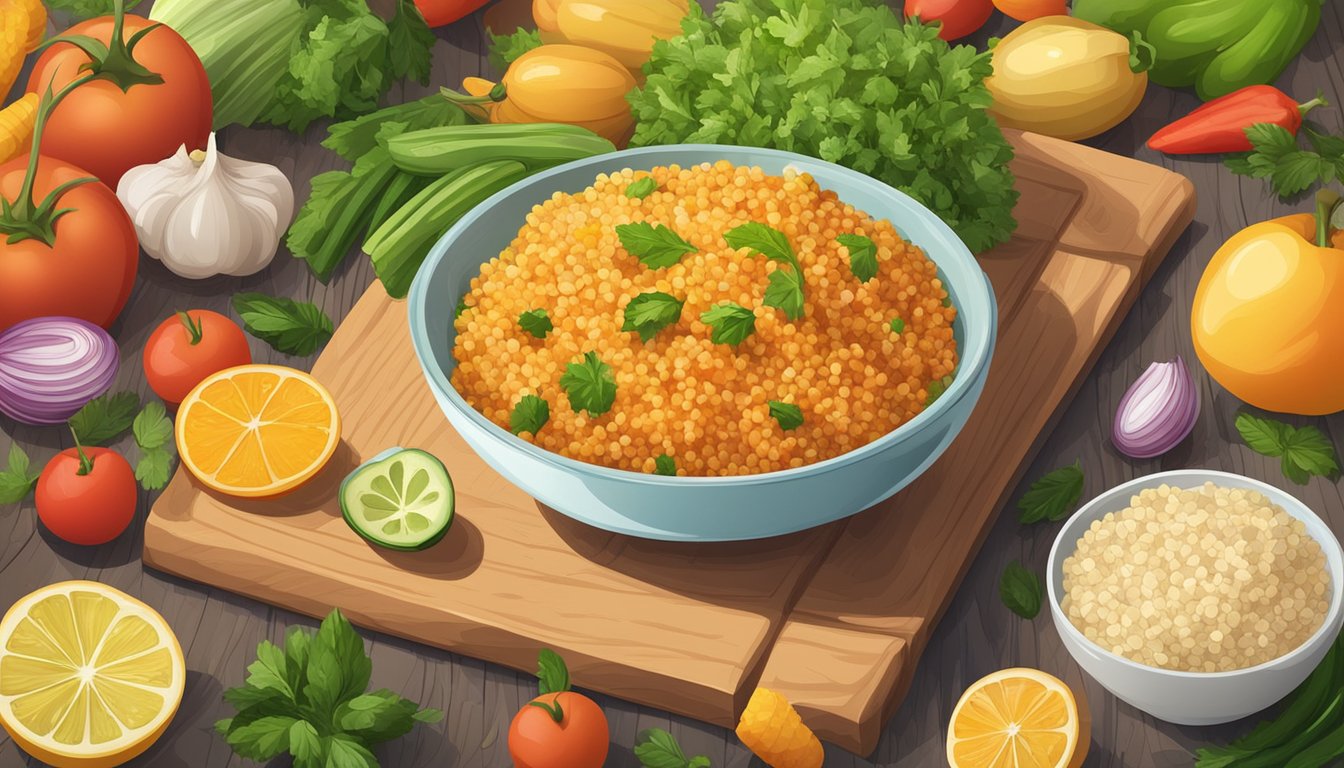 A bowl of cooked bulgur surrounded by fresh vegetables and fruits on a wooden cutting board