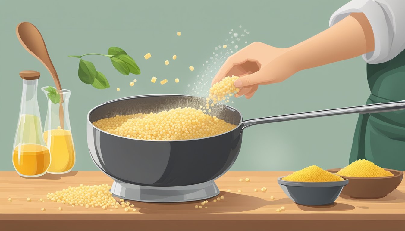 A hand pouring couscous into a pot of boiling water. A spoon stirs the couscous as it absorbs the water