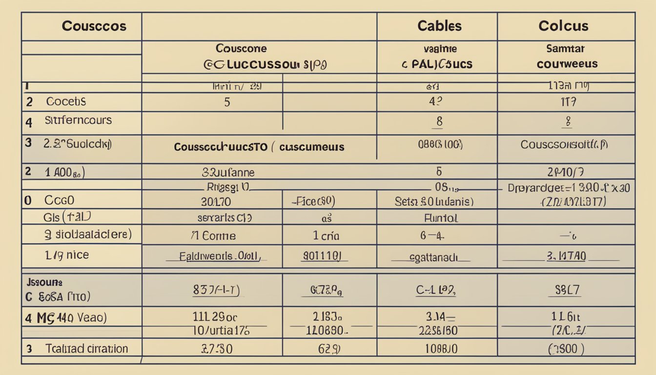 A table with various foods arranged in rows, with the word "couscous" highlighted and its glycemic index value displayed in a separate column