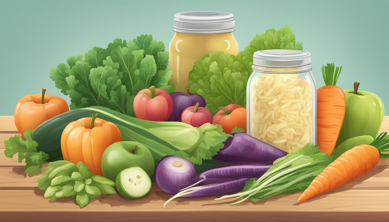 A jar of sauerkraut surrounded by a variety of low-glycemic index vegetables and fruits, such as carrots, apples, and leafy greens, on a wooden cutting board