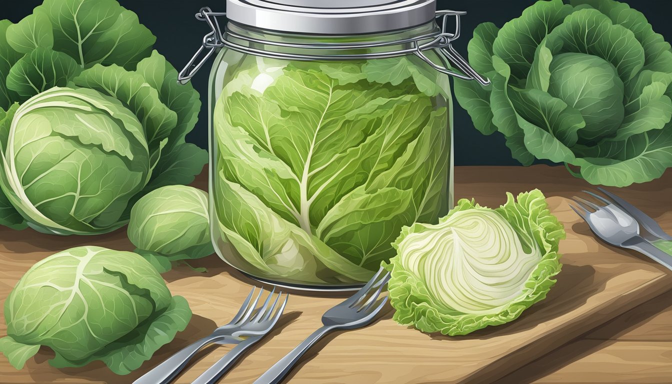 A jar of sauerkraut surrounded by fresh cabbage leaves and a fork