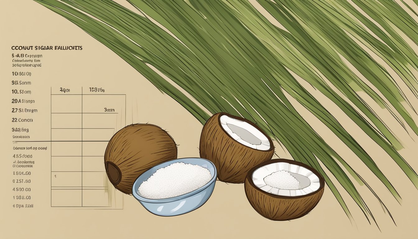 A coconut palm tree with a pile of coconut sugar and a glycemic index chart beside it