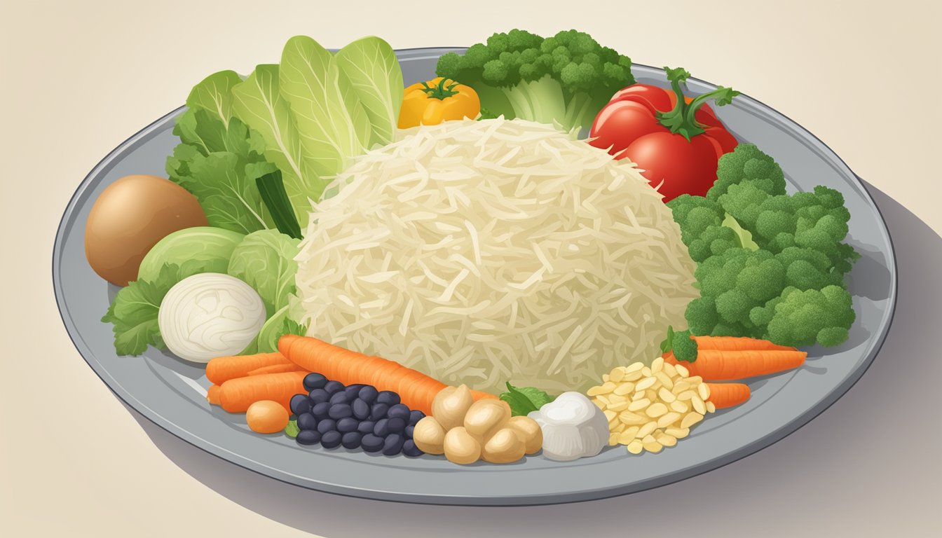 A plate of sauerkraut surrounded by low-glycemic index foods like vegetables and lean protein, with a "low GI" label displayed prominently