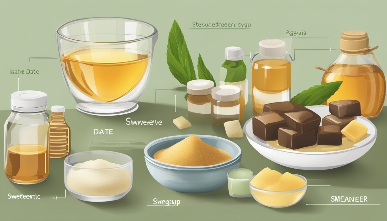 A table with various sweeteners: date sugar, stevia, honey, and agave syrup. A glycemic index chart displayed next to the sweeteners