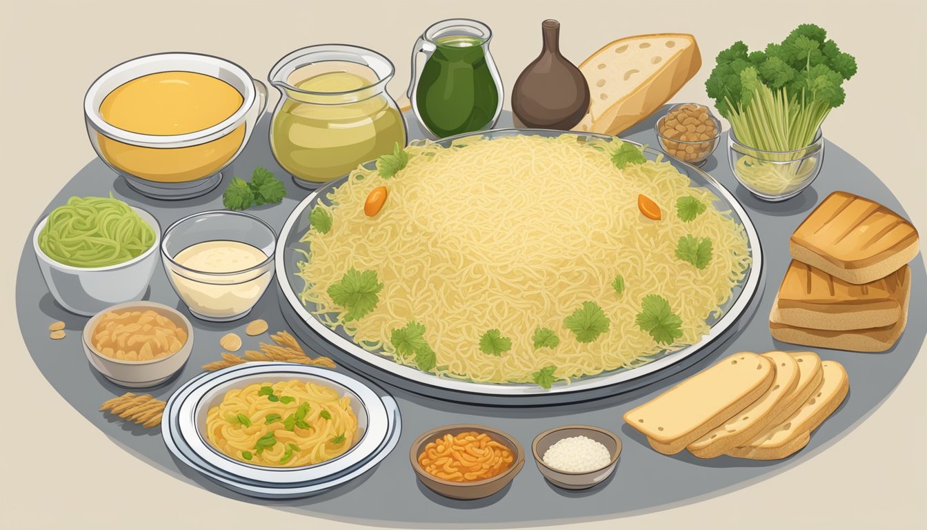 A plate with sauerkraut surrounded by various other foods, such as bread, rice, and pasta, arranged for comparison of glycemic index