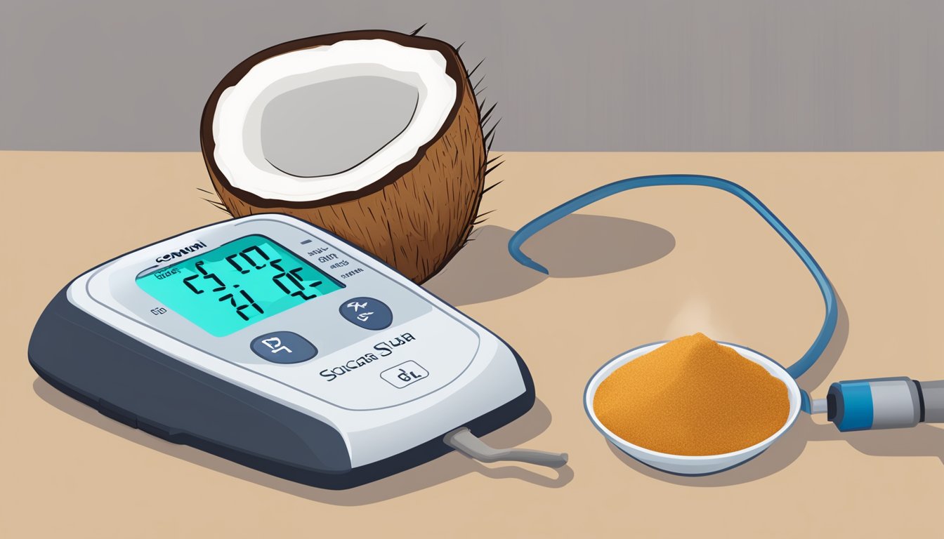 A coconut sugar packet next to a blood glucose monitor, with a graph showing a spike in blood sugar levels