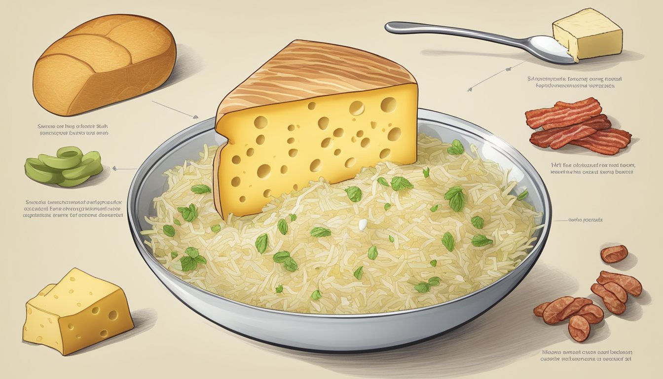 A bowl of sauerkraut surrounded by various sources of fats and cholesterol, such as butter, cheese, and bacon, with a glycemic index chart in the background