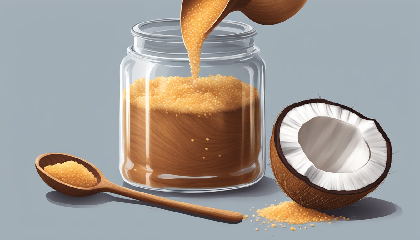 A wooden spoon pouring coconut sugar into a glass jar