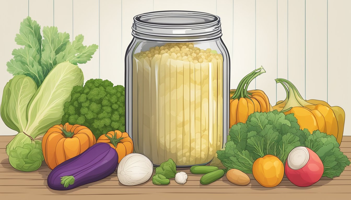 A jar of sauerkraut surrounded by various vegetables and a chart showing the amino acids profile and glycemic index